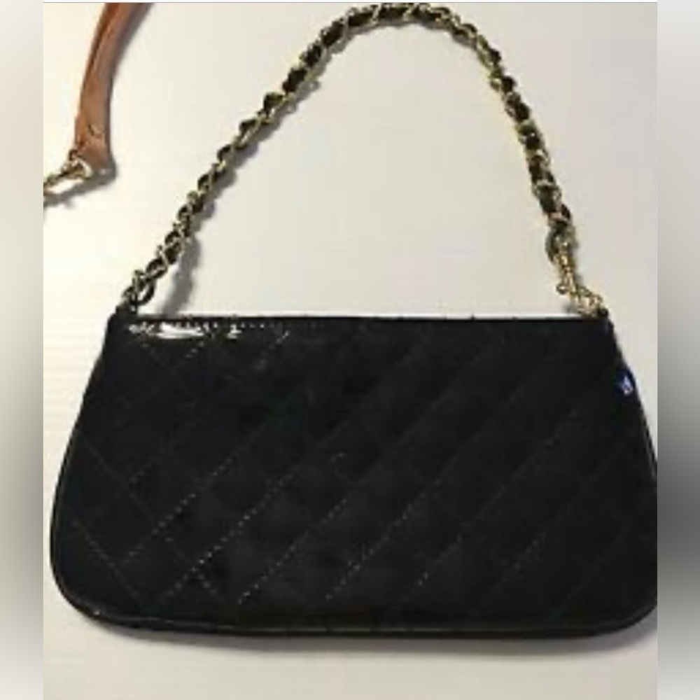 Joan Rivers: Small/ mini Black Quilted patent leather Handbag with gold chain.